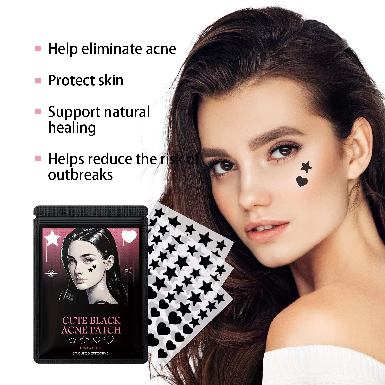 324pcs Patches Star Shape and Heart Shape Cute Black Acne Patch Repair Facial Fade Acne Pimples Closed Heads Remove Blackheads