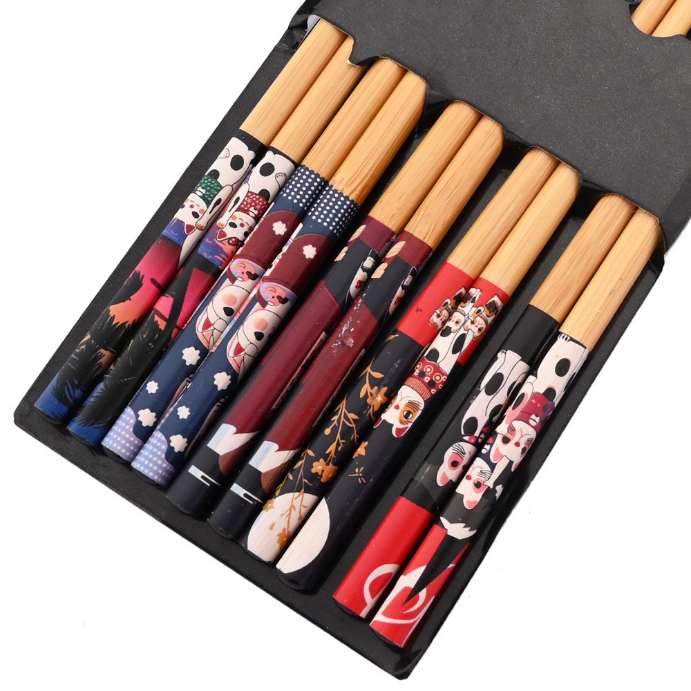 Reusable 5Pairs Tableware Handmade Bamboo Japanese Natural Wood Chopsticks Sushi Food Cat Flower Multi Color Wooden Chop Sticks