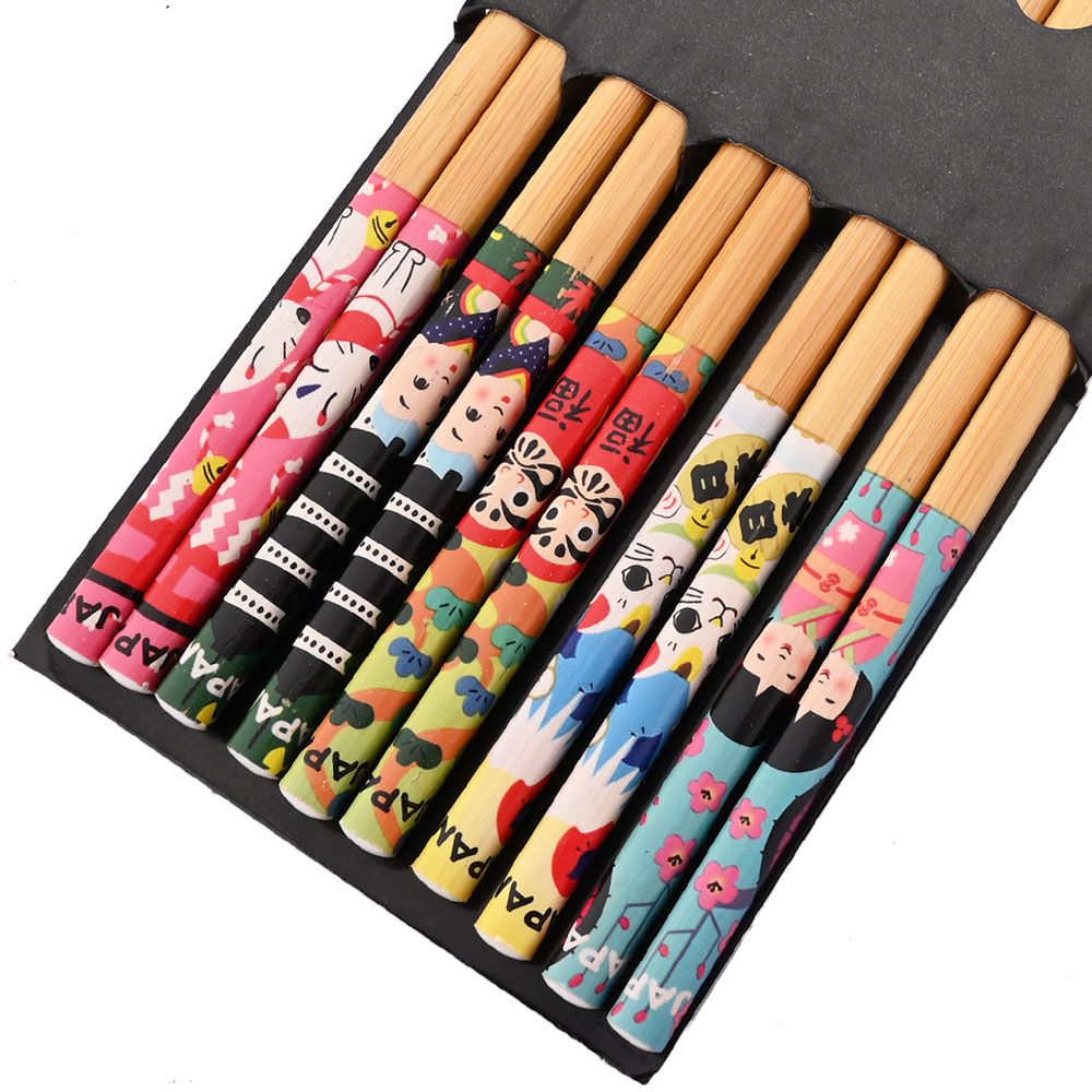 Reusable 5Pairs Tableware Handmade Bamboo Japanese Natural Wood Chopsticks Sushi Food Cat Flower Multi Color Wooden Chop Sticks