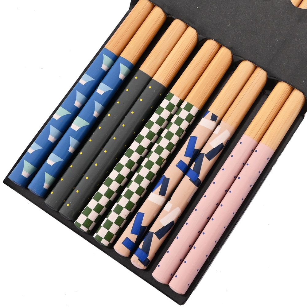 Reusable 5Pairs Tableware Handmade Bamboo Japanese Natural Wood Chopsticks Sushi Food Cat Flower Multi Color Wooden Chop Sticks
