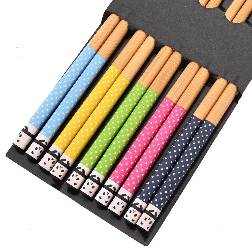 Reusable 5Pairs Tableware Handmade Bamboo Japanese Natural Wood Chopsticks Sushi Food Cat Flower Multi Color Wooden Chop Sticks