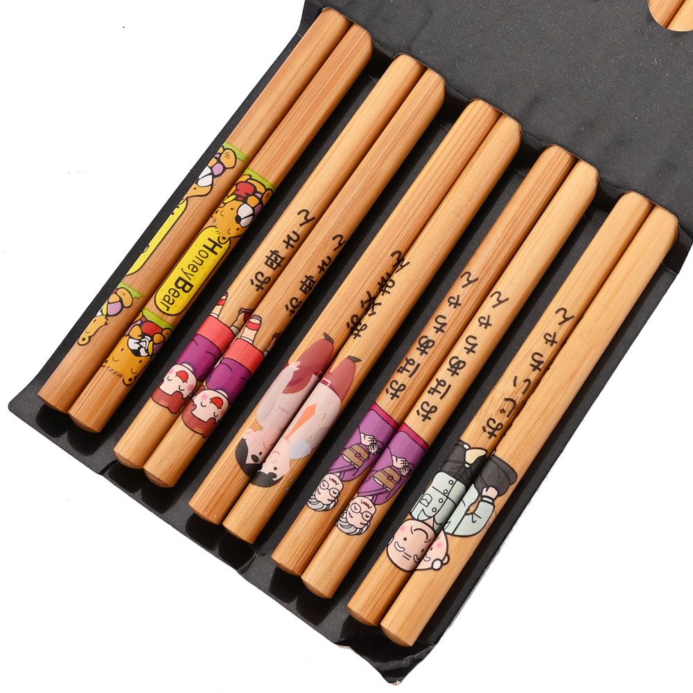 Reusable 5Pairs Tableware Handmade Bamboo Japanese Natural Wood Chopsticks Sushi Food Cat Flower Multi Color Wooden Chop Sticks