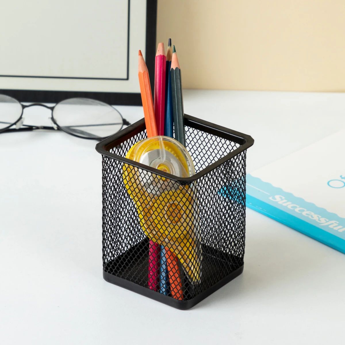 Pencil Holder Office Desk Metal Mesh Square Round Pen Pot Cup Case Container Organiser Durable Pencil Case