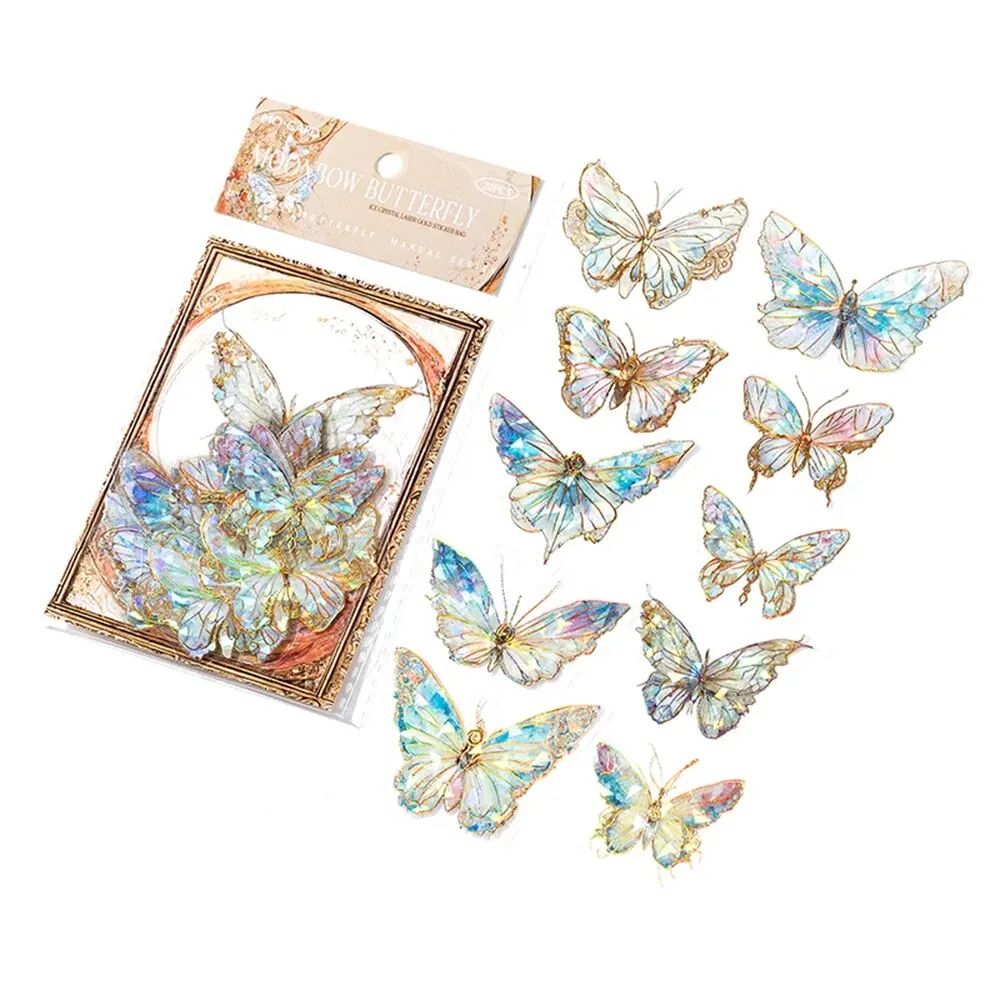 20pcs/pack INS Butterfly PET Sticker Pack Ice Crystal Laser Gold DIY Handbook Decoration 3D Scrapbook