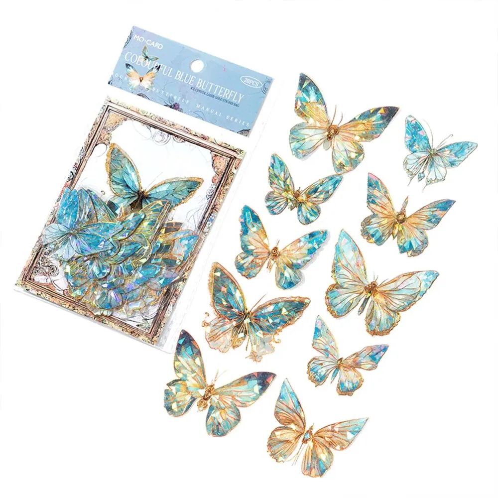 20pcs/pack INS Butterfly PET Sticker Pack Ice Crystal Laser Gold DIY Handbook Decoration 3D Scrapbook