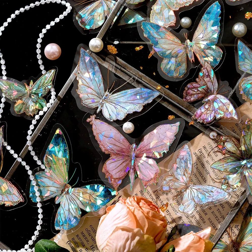 20pcs/pack INS Butterfly PET Sticker Pack Ice Crystal Laser Gold DIY Handbook Decoration 3D Scrapbook