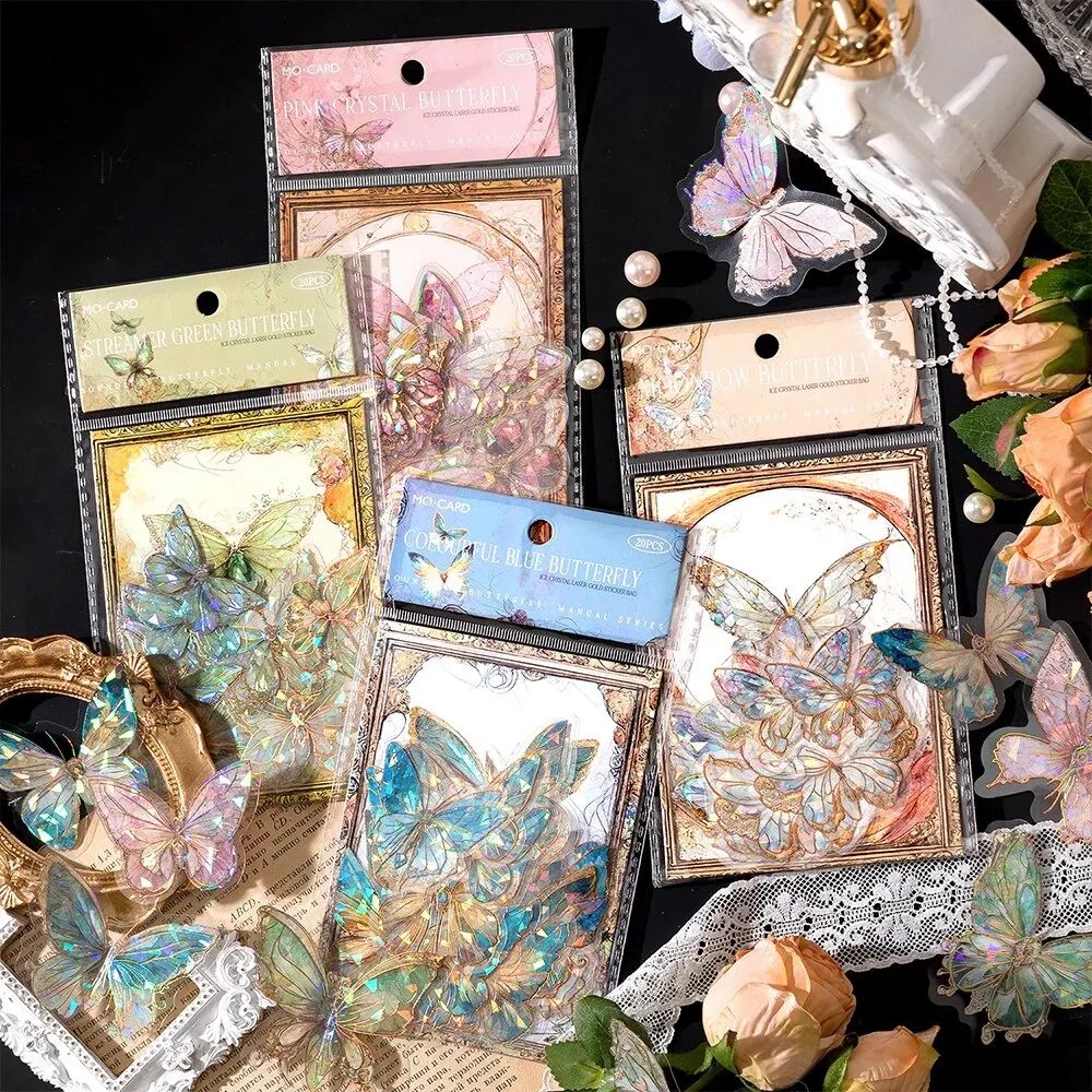 20pcs/pack INS Butterfly PET Sticker Pack Ice Crystal Laser Gold DIY Handbook Decoration 3D Scrapbook