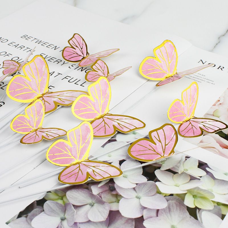 10pcs set Creative Pink Butterfly Cake Topper for Valentine's Day Wedding Birthday Party Cake Decoation Supplies