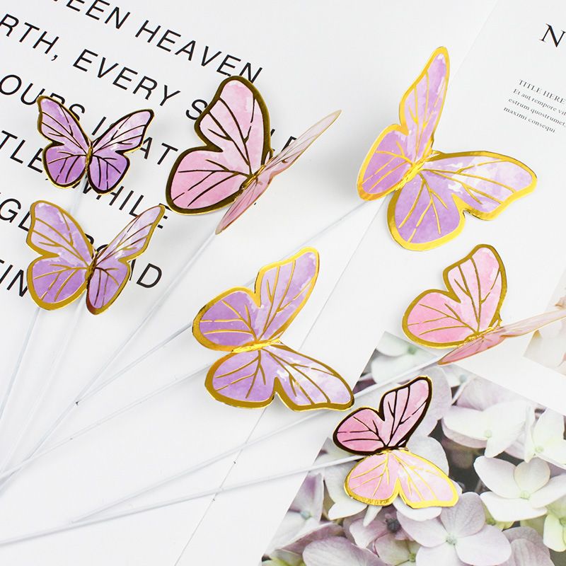 10pcs set Creative Pink Butterfly Cake Topper for Valentine's Day Wedding Birthday Party Cake Decoation Supplies
