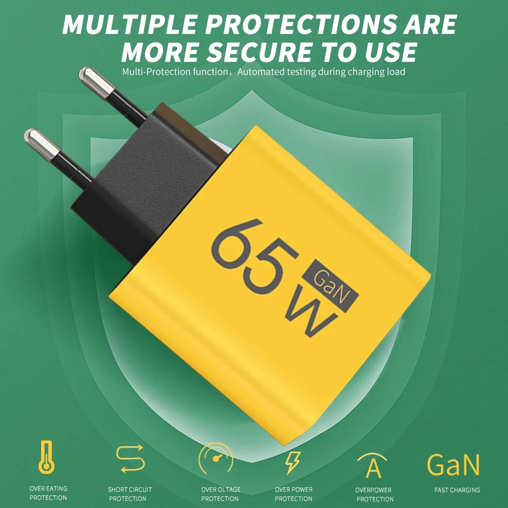 65W GaN USB PD Charger 3 Ports Type C Fast Charging Mobile Phone Adapter For iPhone 15 Samsung Xiaomi Quick Charge Wall Charger