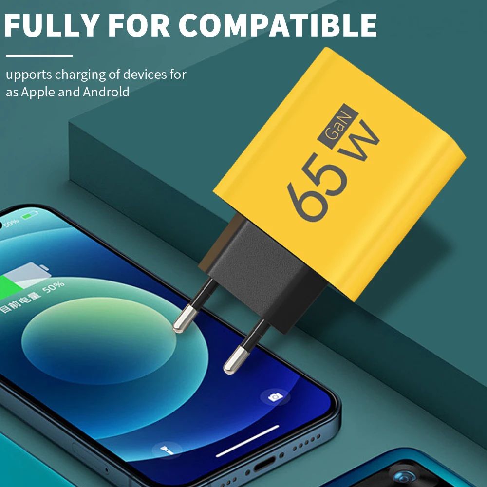 65W GaN USB PD Charger 3 Ports Type C Fast Charging Mobile Phone Adapter For iPhone 15 Samsung Xiaomi Quick Charge Wall Charger