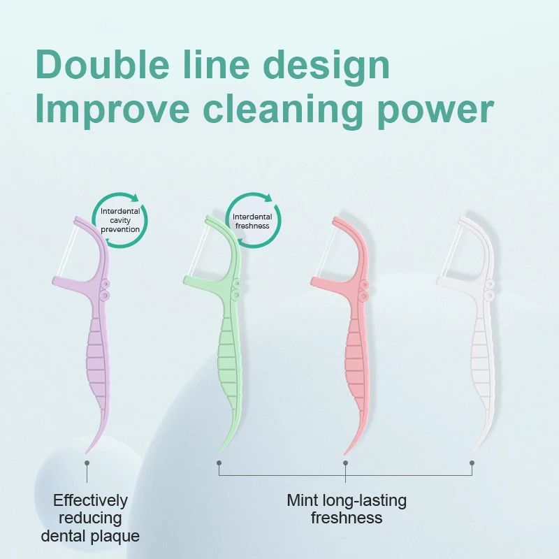 52pcs Twin-Line Dental Floss Picks With Tail Toothpick Cleaning Teeth Dual-Line Flossers Sticks Double Floss Stick Toothpick
