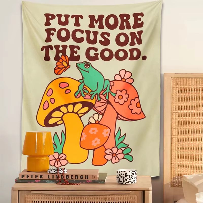 1pc Mushroom Frog Tapestry Wall Hanging Retro Put More Focus on the Good Trippy Aesthetic Room Decor Vintage Boho Wall Art