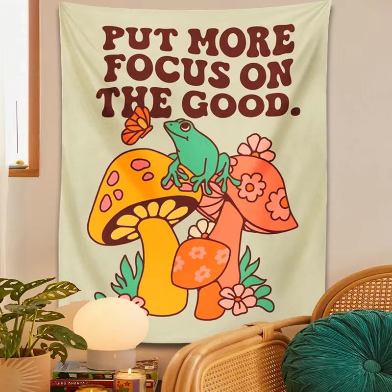 1pc Mushroom Frog Tapestry Wall Hanging Retro Put More Focus on the Good Trippy Aesthetic Room Decor Vintage Boho Wall Art