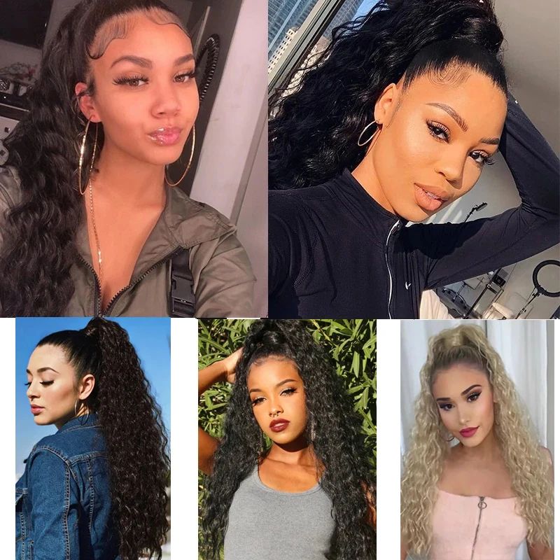 22Inch Synthetic Long Kinky Curly Ponytail Hair Extension Drawstring Wrapped Clip in Hair Black Hairpiecefor Women