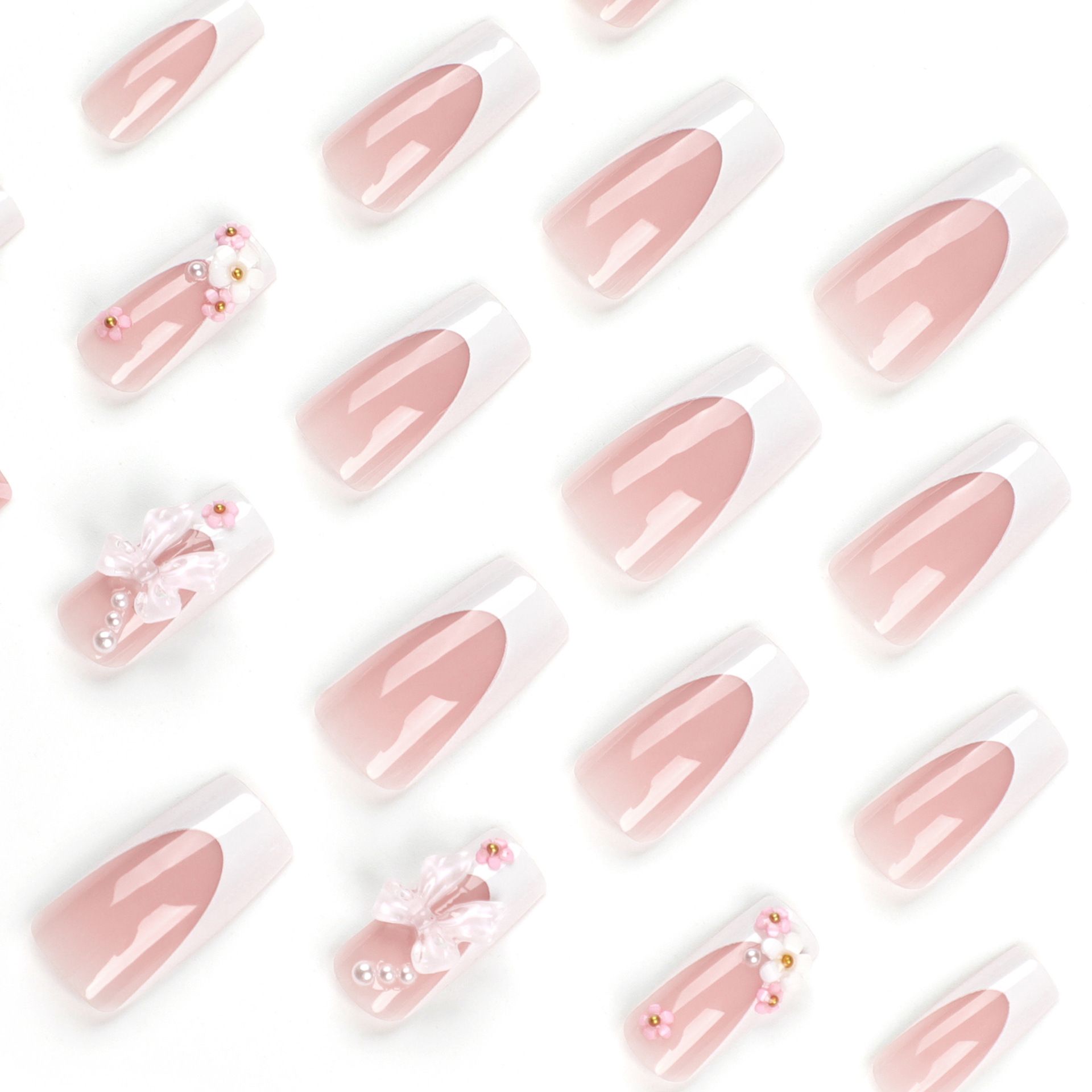 24pcs Coffin Shaped Fake Nails Summer Pink White Bow Design French White Edge Flash Diamond High Saturation Full Coverage False Nails view 2