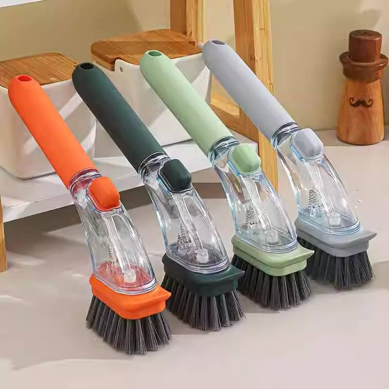Multi-functional household kitchen long-handled brush, kitchen pot soap dispenser, easy to wash，PET hard bristle brush head for dishwashing