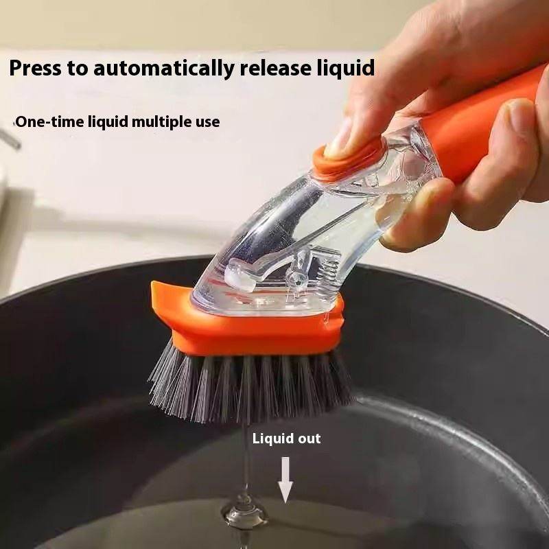Multi-functional household kitchen long-handled brush, kitchen pot soap dispenser, easy to wash，PET hard bristle brush head for dishwashing