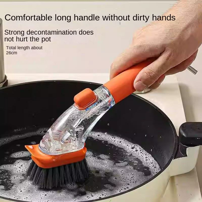 Multi-functional household kitchen long-handled brush, kitchen pot soap dispenser, easy to wash，PET hard bristle brush head for dishwashing