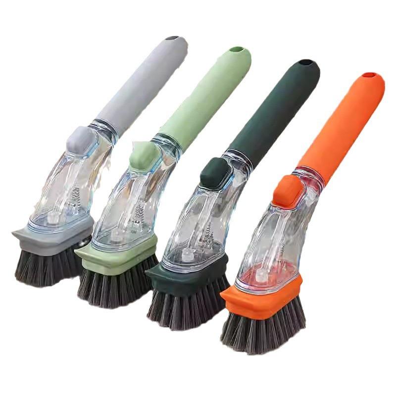 Multi-functional household kitchen long-handled brush, kitchen pot soap dispenser, easy to wash，PET hard bristle brush head for dishwashing