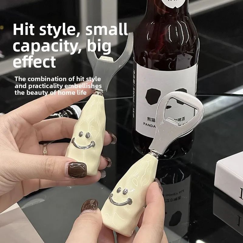 Stainless steel bottle opener Smiling beer bottle opener standing plastic handle Cute wine bottle opener