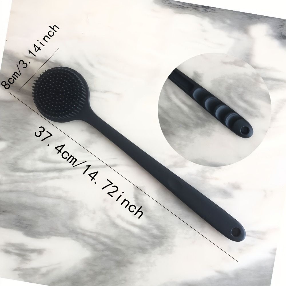 Silicone bath brush with long handle, double-sided and extended design, suitable for showering, scrubbing, massaging and back rubbing.
