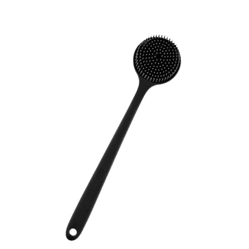 Silicone bath brush with long handle, double-sided and extended design, suitable for showering, scrubbing, massaging and back rubbing.