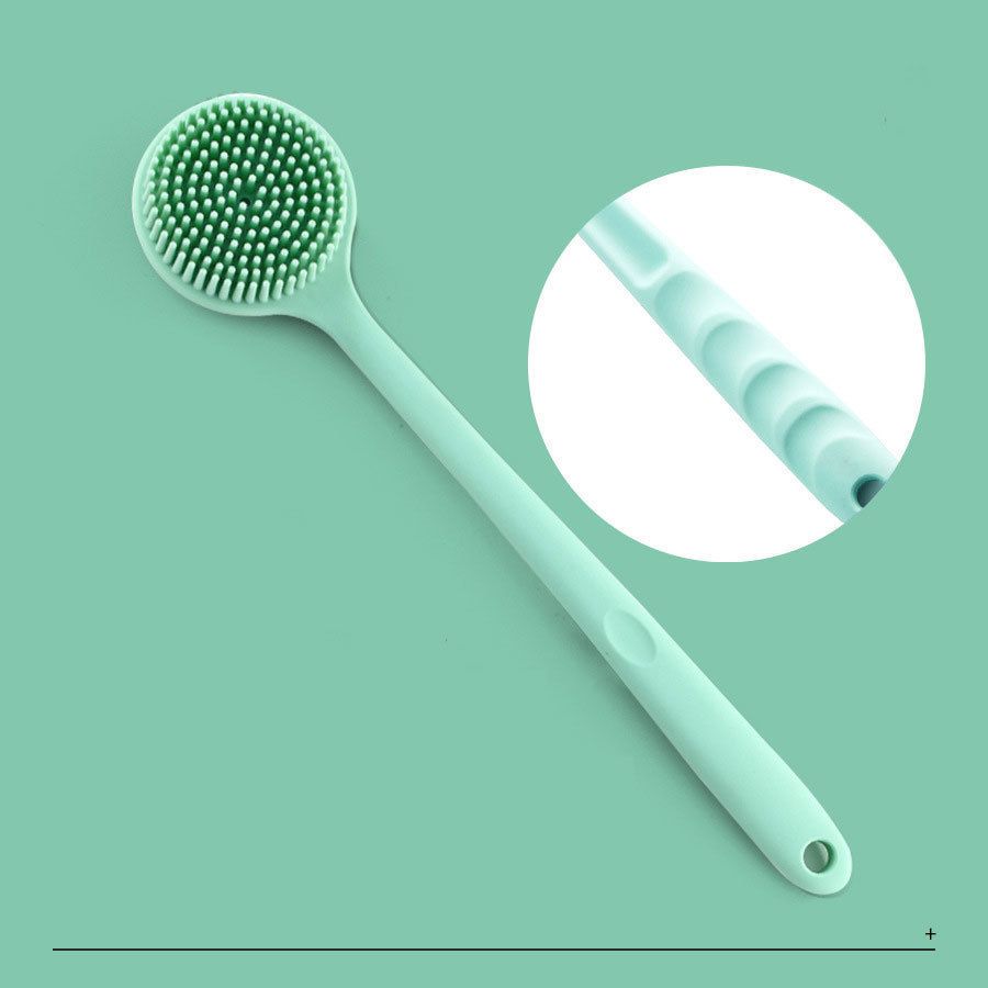Silicone bath brush with long handle, double-sided and extended design, suitable for showering, scrubbing, massaging and back rubbing.