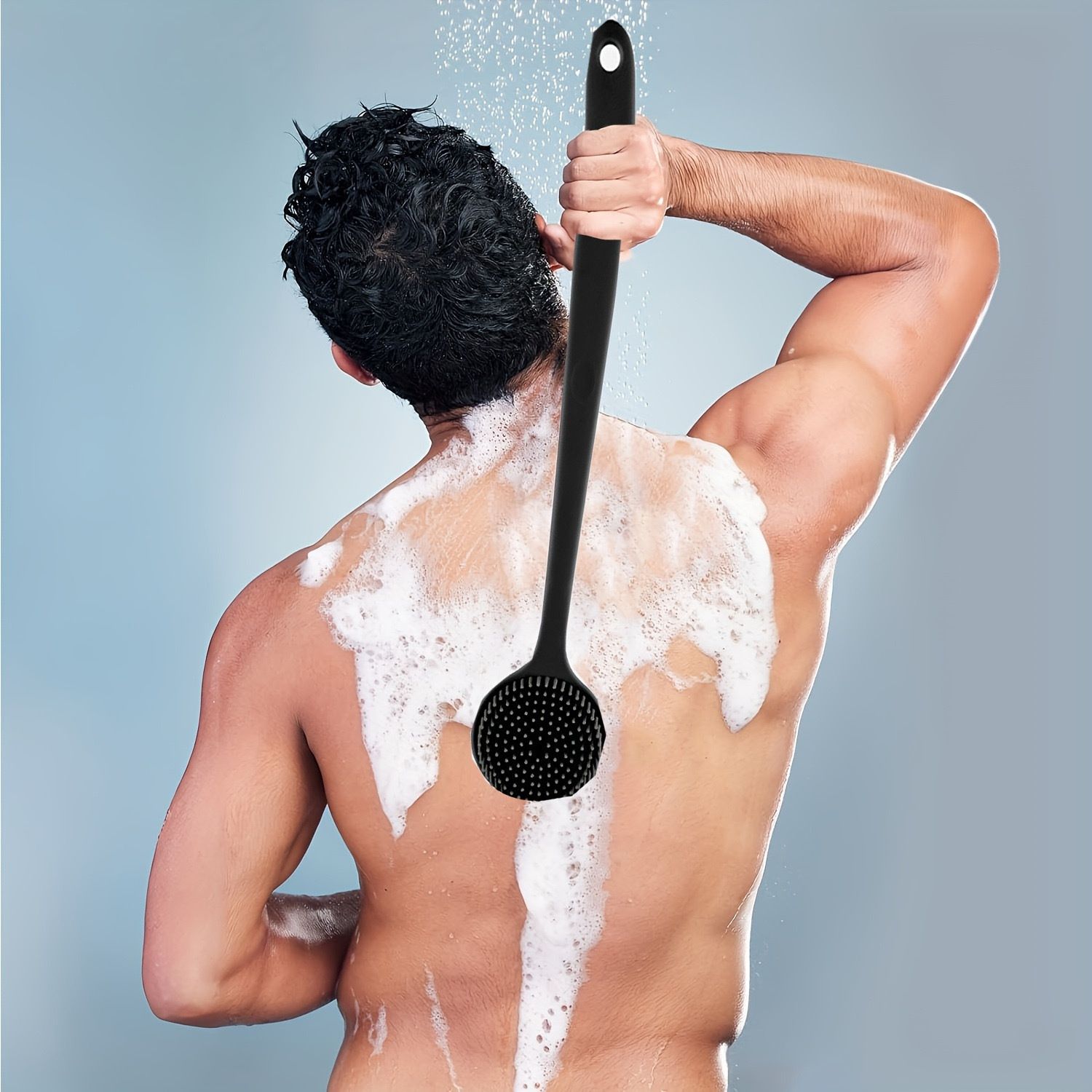 Silicone bath brush with long handle, double-sided and extended design, suitable for showering, scrubbing, massaging and back rubbing.