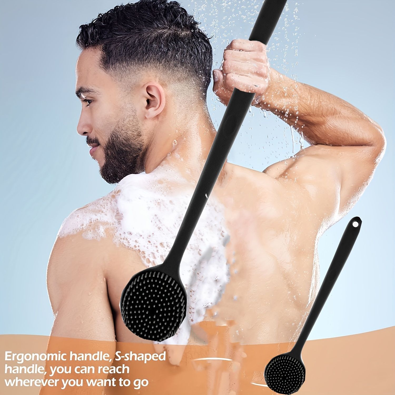 Silicone bath brush with long handle, double-sided and extended design, suitable for showering, scrubbing, massaging and back rubbing.