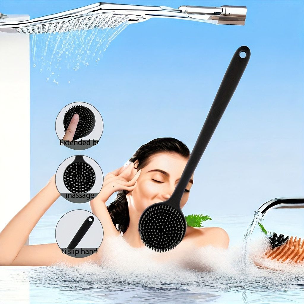 Silicone bath brush with long handle, double-sided and extended design, suitable for showering, scrubbing, massaging and back rubbing.