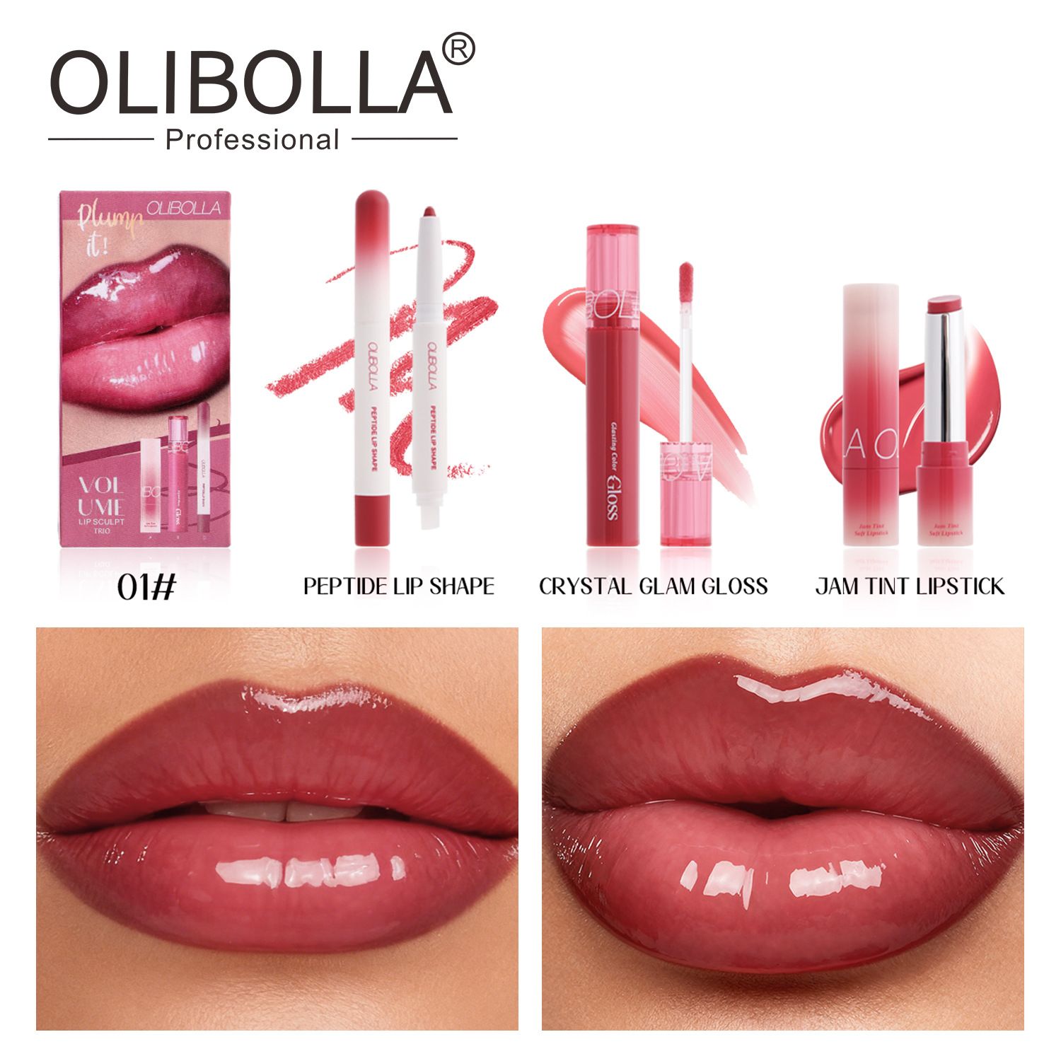 Matte lip liner + Hydrating lip gloss lipstick. An easy to apply 3pcs lip makeup set.
