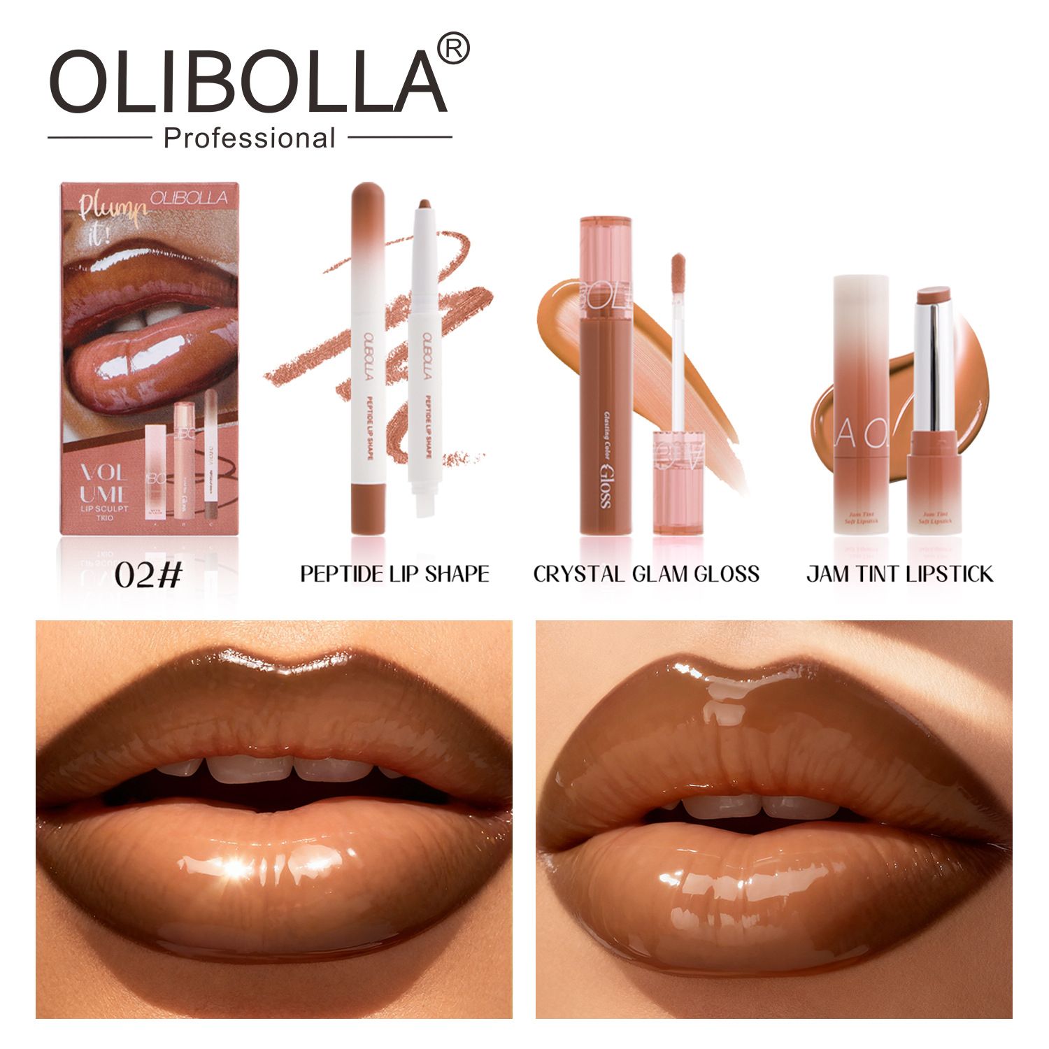 Matte lip liner + Hydrating lip gloss lipstick. An easy to apply 3pcs lip makeup set.