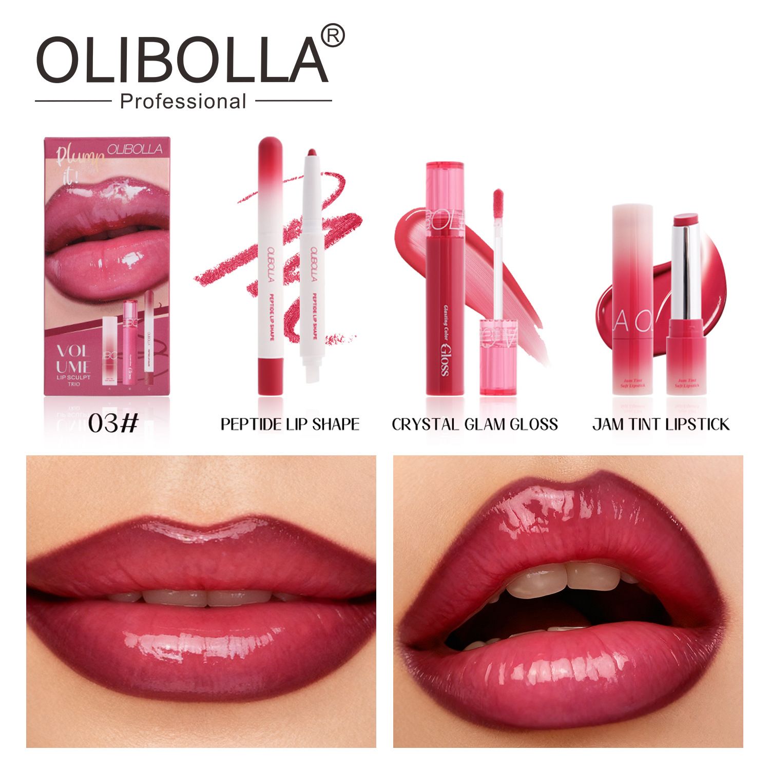 Matte lip liner + Hydrating lip gloss lipstick. An easy to apply 3pcs lip makeup set.