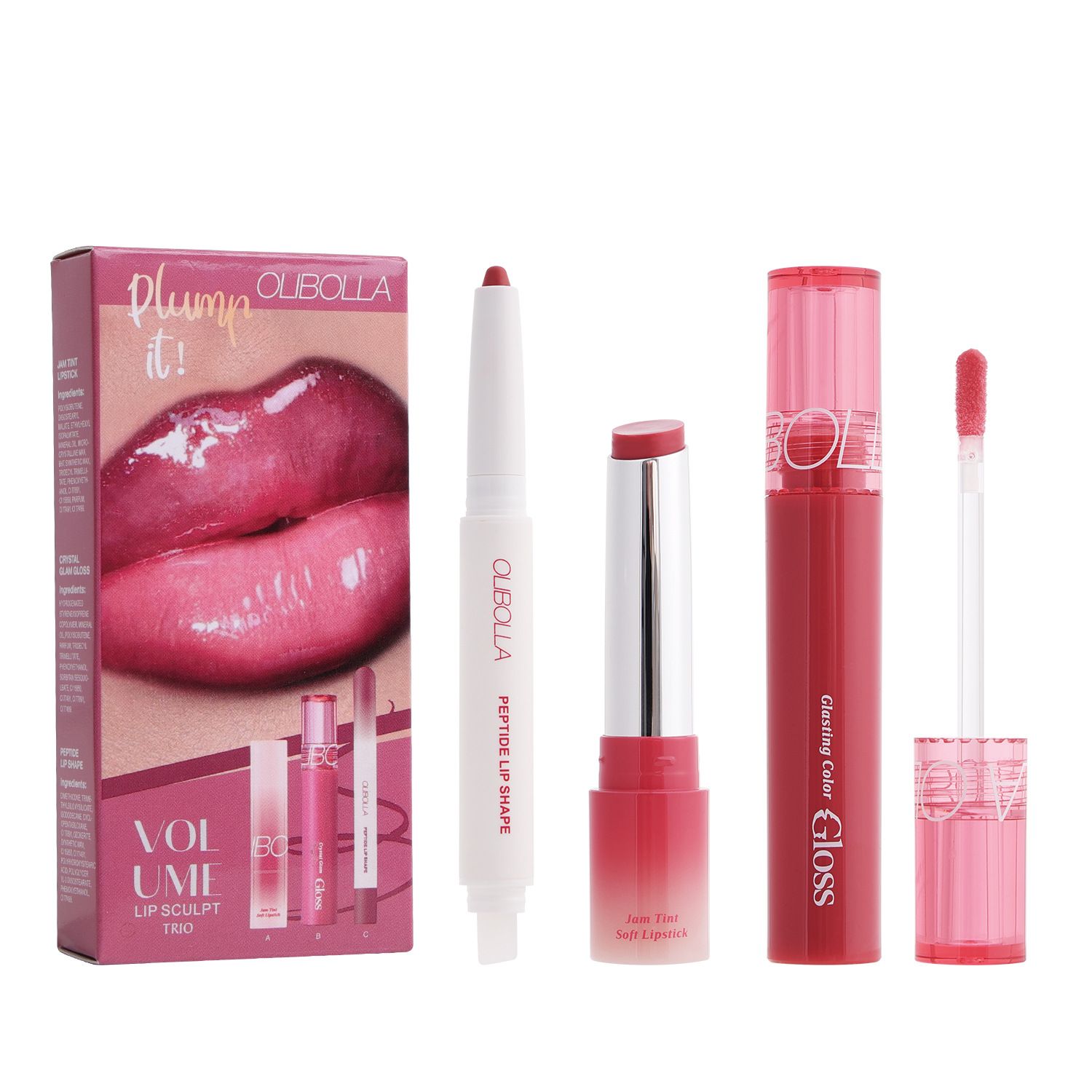 Matte lip liner + Hydrating lip gloss lipstick. An easy to apply 3pcs lip makeup set.