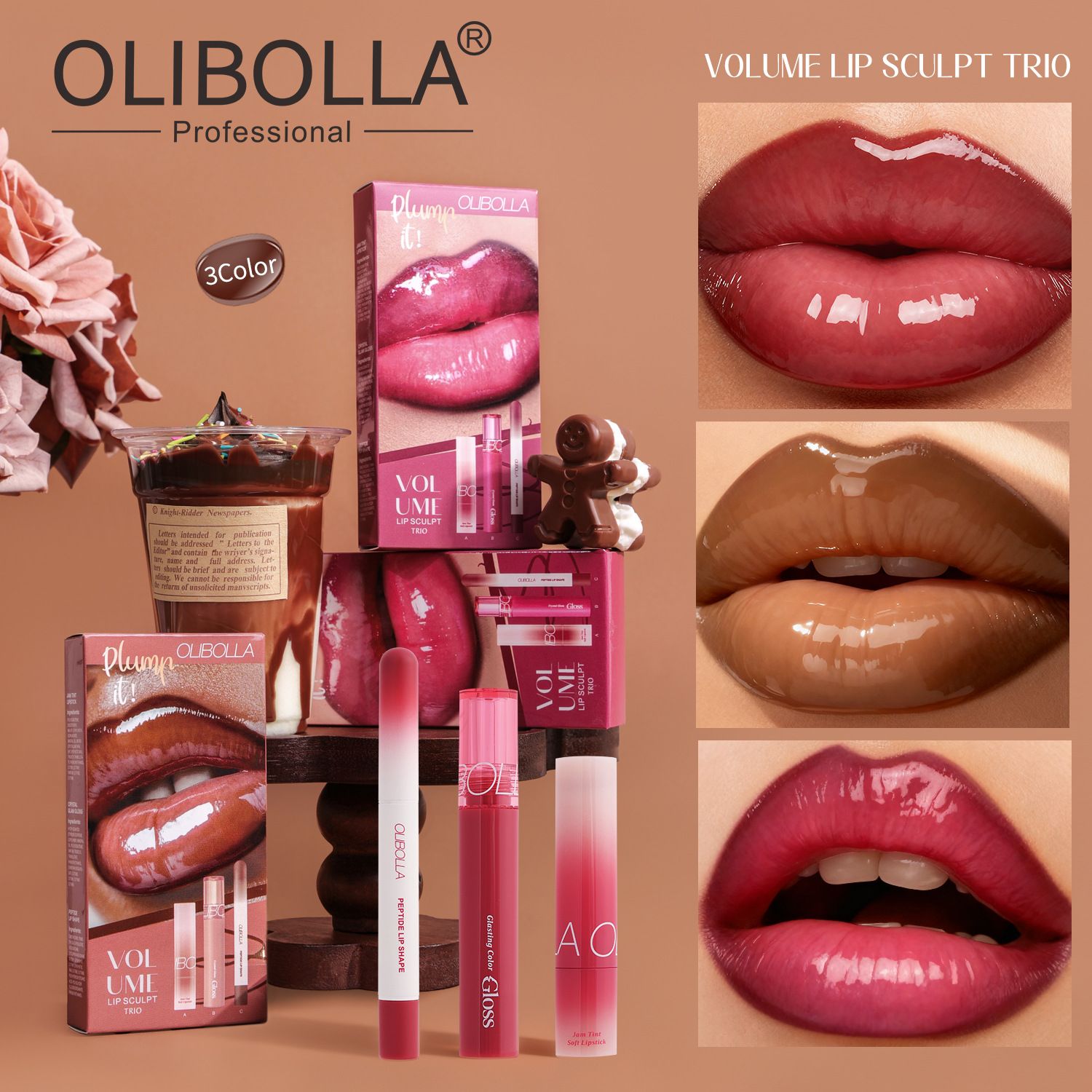 Matte lip liner + Hydrating lip gloss lipstick. An easy to apply 3pcs lip makeup set.