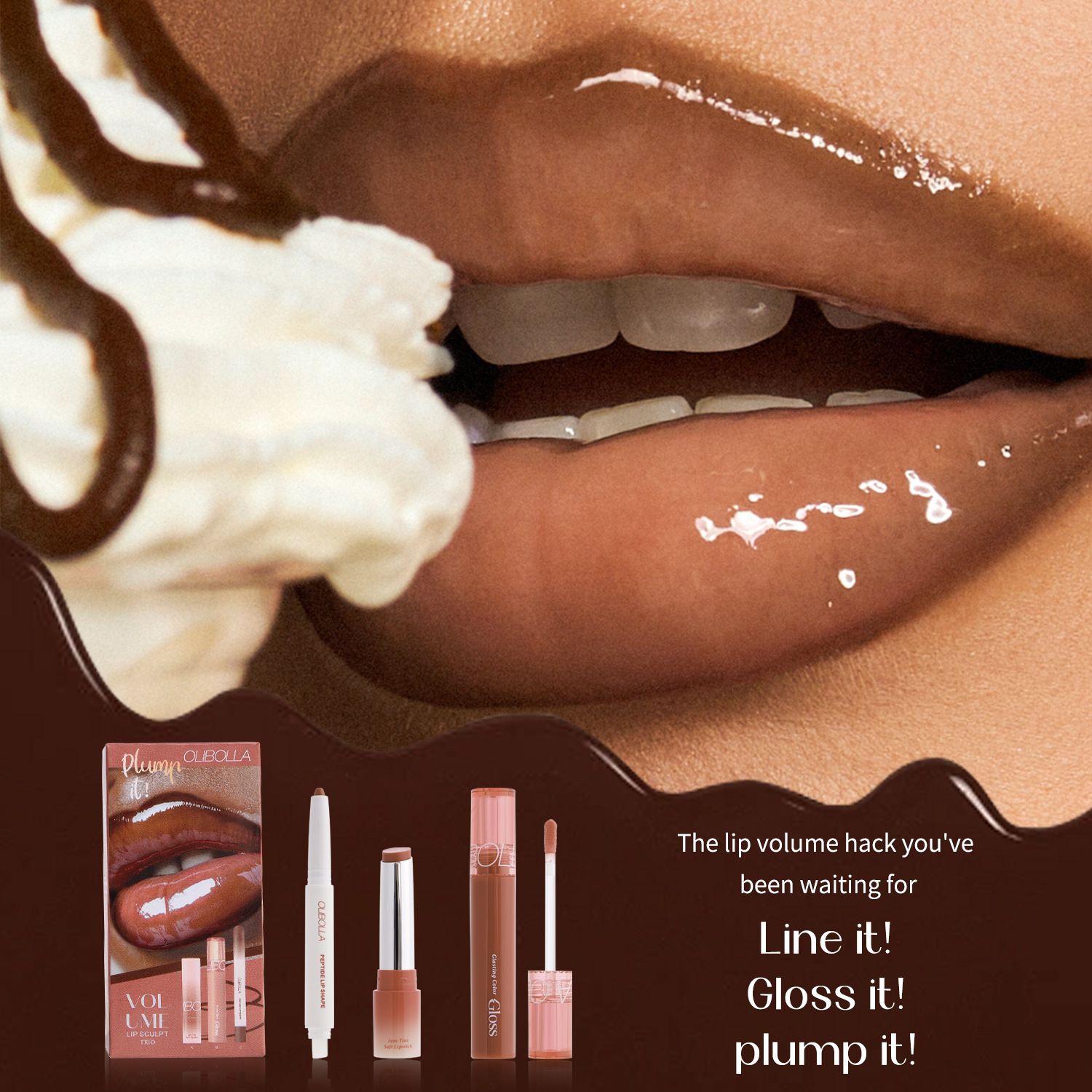 Matte lip liner + Hydrating lip gloss lipstick. An easy to apply 3pcs lip makeup set.