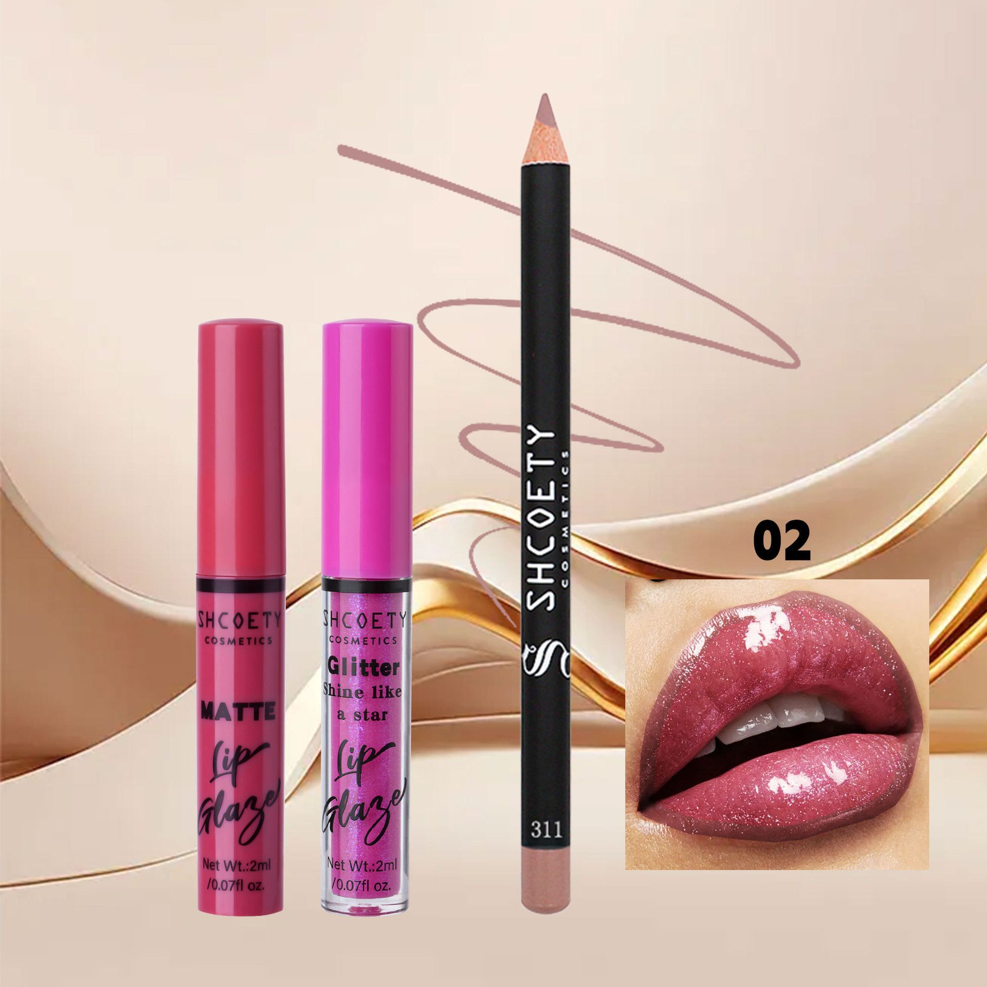 3pcs  lipstick set - metallic shimmer lip gloss, matte satin lip makeup, waterproof lip liner pen view 4