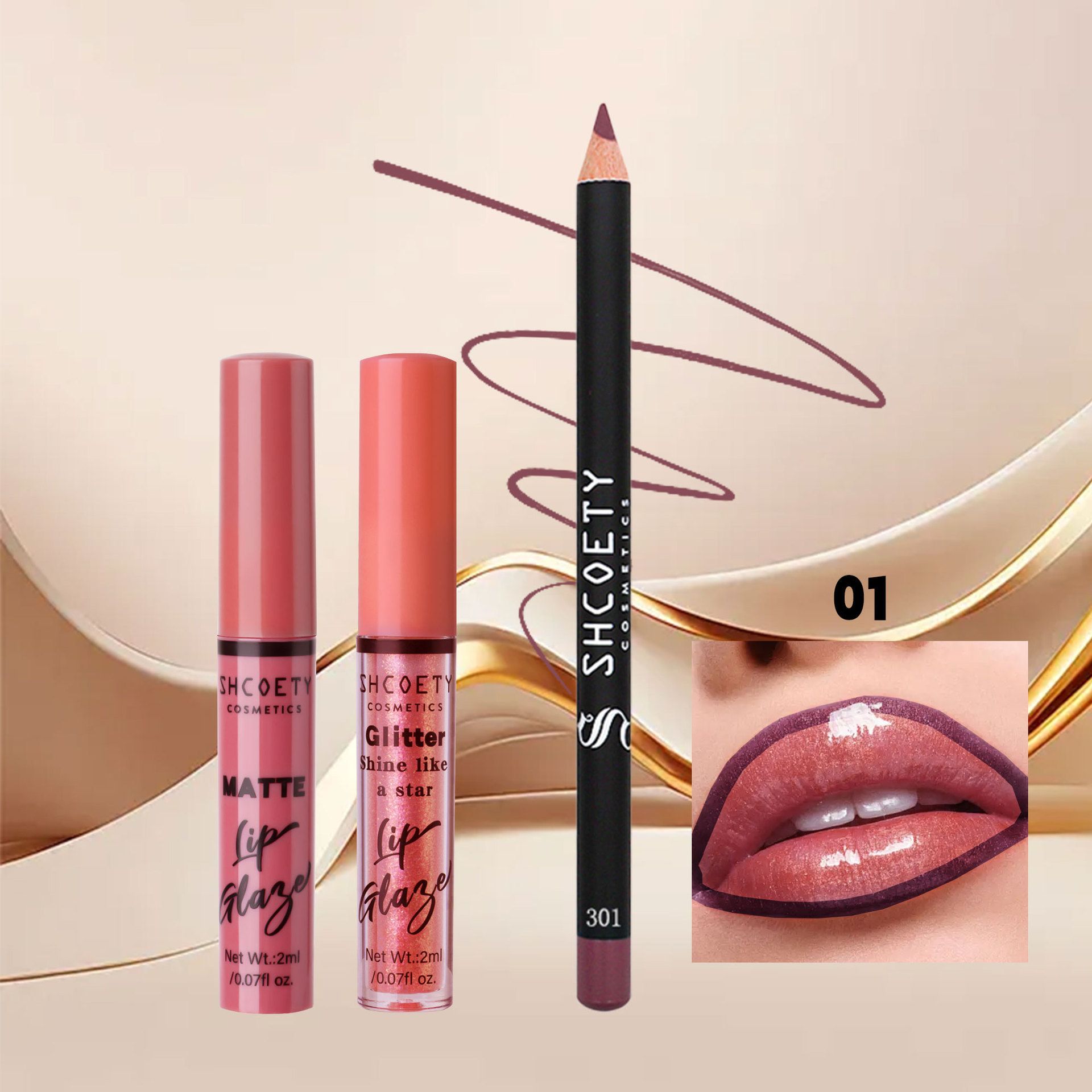 3pcs  lipstick set - metallic shimmer lip gloss, matte satin lip makeup, waterproof lip liner pen view 5