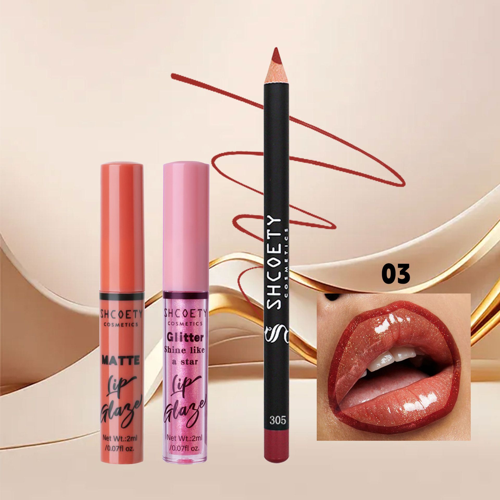 3pcs  lipstick set - metallic shimmer lip gloss, matte satin lip makeup, waterproof lip liner pen view 3