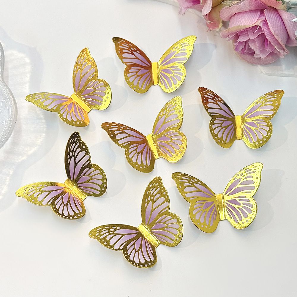 24 pcs / set  3D dimensional gold embossed mini butterfly sticker wall decals for party use, suitable for decorating a birthday cake