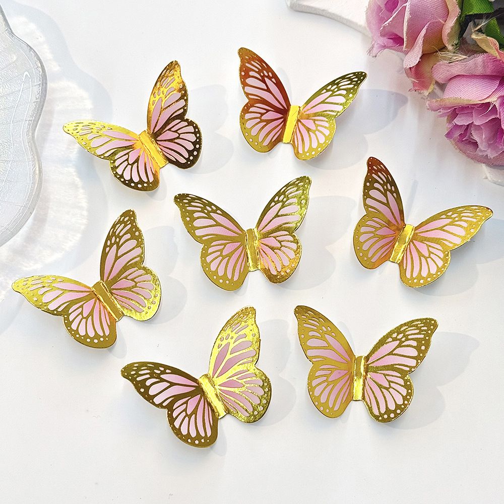 24 pcs / set  3D dimensional gold embossed mini butterfly sticker wall decals for party use, suitable for decorating a birthday cake
