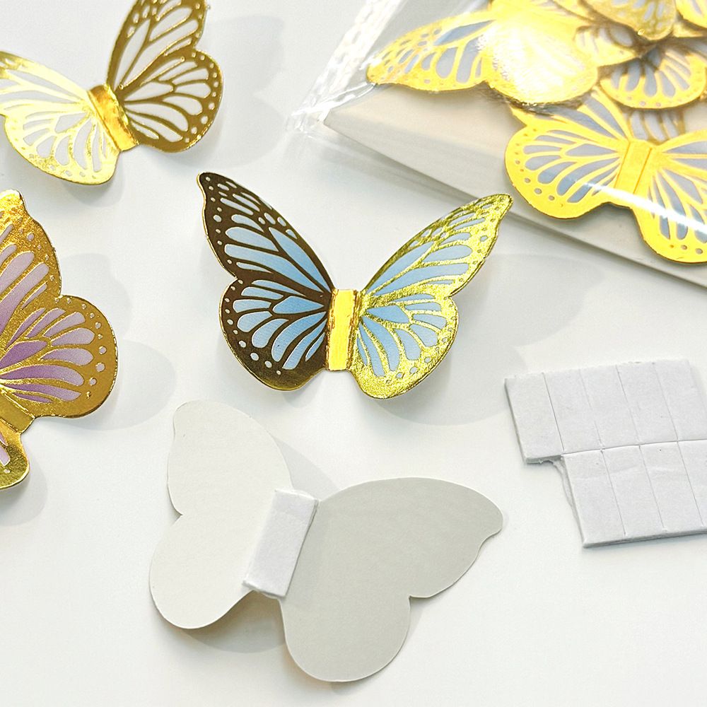 24 pcs / set  3D dimensional gold embossed mini butterfly sticker wall decals for party use, suitable for decorating a birthday cake
