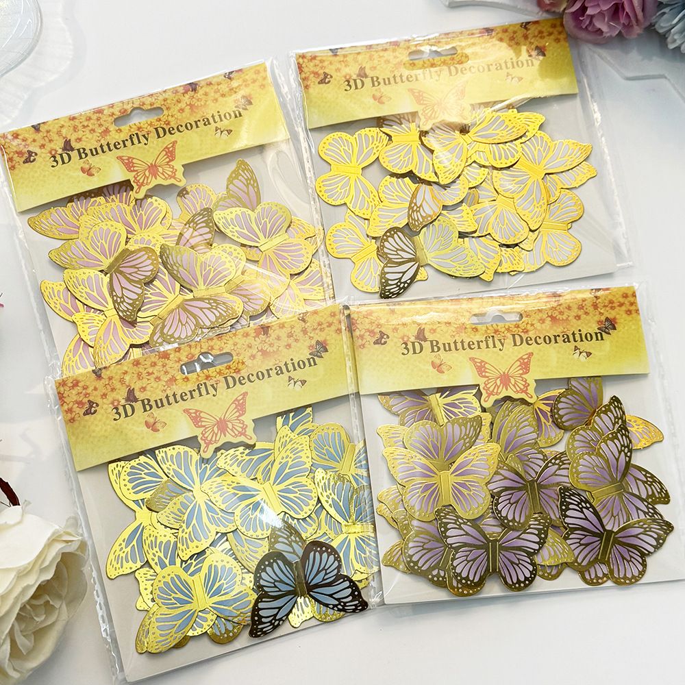 24 pcs / set  3D dimensional gold embossed mini butterfly sticker wall decals for party use, suitable for decorating a birthday cake