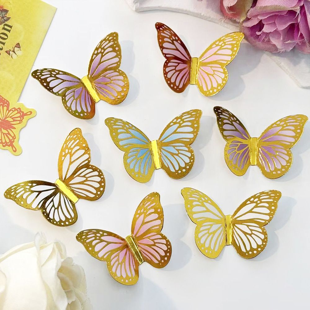 24 pcs / set  3D dimensional gold embossed mini butterfly sticker wall decals for party use, suitable for decorating a birthday cake