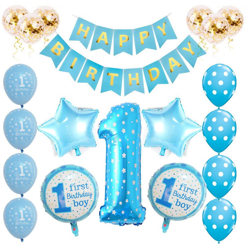 Baby First Birthday Decorations - 1st Birthday Girl Decorations Party Supplies - Happy First Birthday Banner, Number 1, Latex Balloons, Confetti Balloons