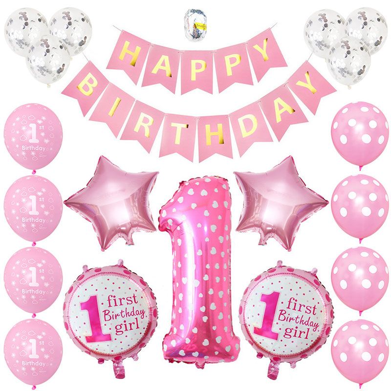 Baby First Birthday Decorations - 1st Birthday Girl Decorations Party Supplies - Happy First Birthday Banner, Number 1, Latex Balloons, Confetti Balloons