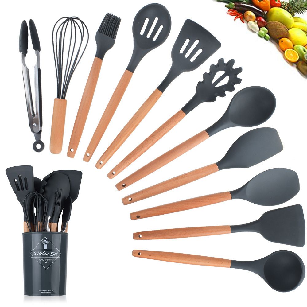 Silicone Kitchen Cooking Utensils Set-Umite Chef 11 pcs Heat Resistant Kitchen Utensils, Black Kitchen Gadgets Tools Set with Stainless Steel Handles for Non-Stick Cookware