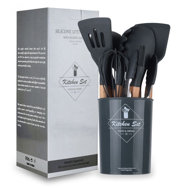 Silicone Kitchen Cooking Utensils Set-Umite Chef 11 pcs Heat Resistant Kitchen Utensils, Black Kitchen Gadgets Tools Set with Stainless Steel Handles for Non-Stick Cookware
