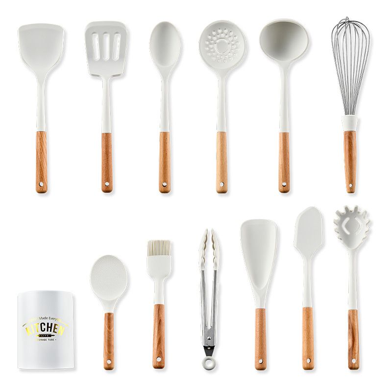 White Silicone Utensils Set, 12pcs Kitchen Gadgets Cooking Utensils Set, Non-stick Heat Resistant with Wooden Handle, Silicone Spatula Turner Cookware with Holder for Cooking Baking